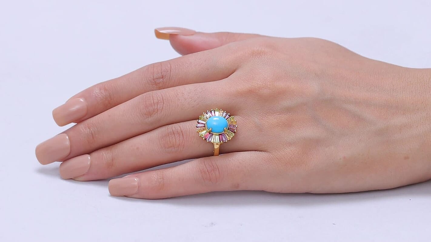 D'Joy Premium Sleeping Beauty Turquoise, Multi Gemstone Ring in 18K Vermeil YG Over Sterling Silver (Size 10.0) 4.70 ctw