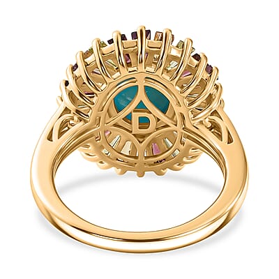 D'Joy Premium Sleeping Beauty Turquoise and Multi Gemstone 4.70 ctw Royal Aura Ring in 18K Vermeil Yellow Gold Over Sterling Silver (Size 6.0)