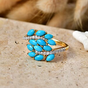 D'Joy Premium Sleeping Beauty Turquoise and Moissanite 2.15 ctw Blue Vine Ring in 18K Vermeil Yellow Gold Over Sterling Silver (Size 10.0)