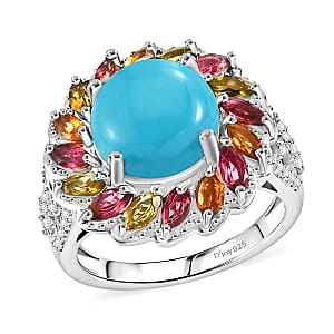 D'Joy Premium Sleeping Beauty Turquoise, Moissanite and Multi-Tourmaline 4.80 ctw Royal Aura Ring in Rhodium Over Sterling Silver (Size 10.0)