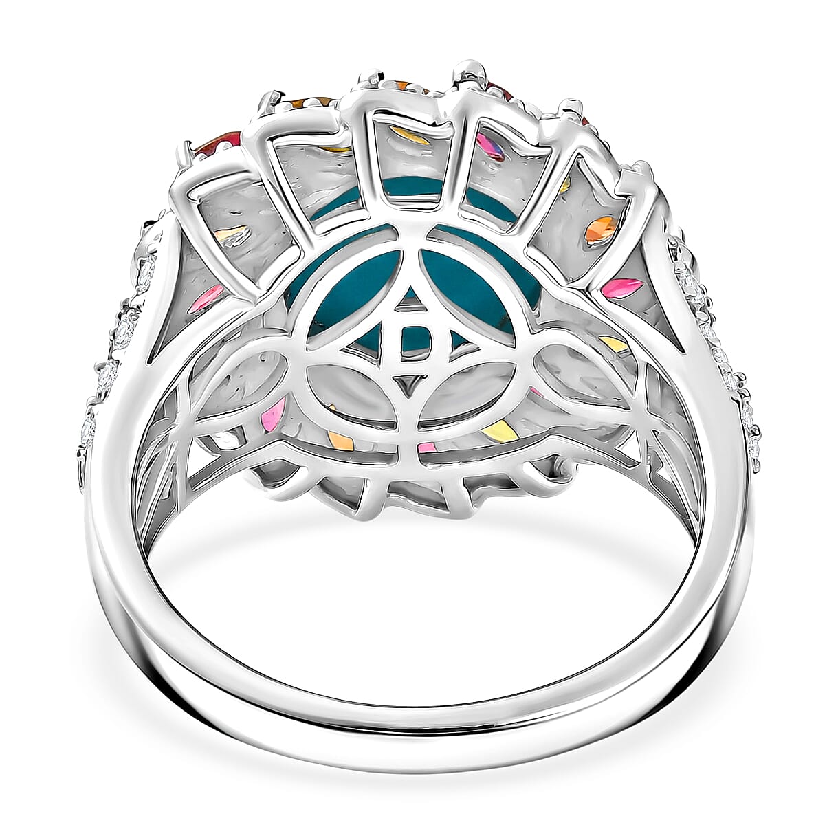 D'Joy Premium Sleeping Beauty Turquoise, Moissanite and Multi-Tourmaline 4.80 ctw Royal Aura Ring in Rhodium Over Sterling Silver (Size 10.0) image number 4
