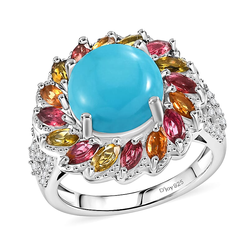 D'Joy Premium Sleeping Beauty Turquoise, Moissanite and Multi-Tourmaline 4.80 ctw Royal Aura Ring in Rhodium Over Sterling Silver (Size 6.0)