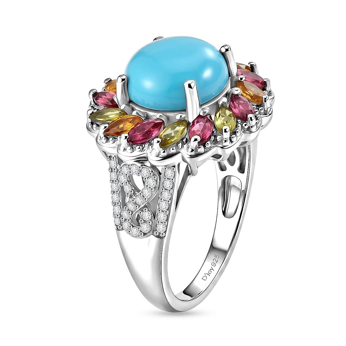 D'Joy Premium Sleeping Beauty Turquoise, Moissanite and Multi-Tourmaline 4.80 ctw Royal Aura Ring in Rhodium Over Sterling Silver (Size 6.0)