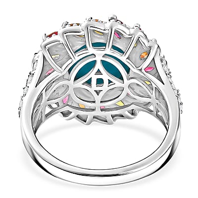 D'Joy Premium Sleeping Beauty Turquoise, Moissanite and Multi-Tourmaline 4.80 ctw Royal Aura Ring in Rhodium Over Sterling Silver (Size 6.0)