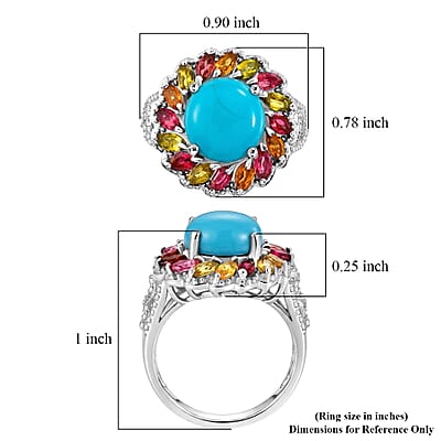 D'Joy Premium Sleeping Beauty Turquoise, Moissanite and Multi-Tourmaline 4.80 ctw Royal Aura Ring in Rhodium Over Sterling Silver (Size 6.0)