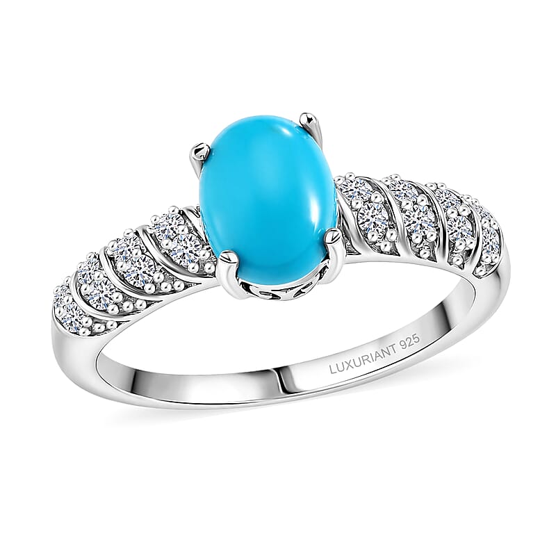 Premium Sleeping Beauty Turquoise and Luxuriant Lab Grown Diamond G-H SI 1.20 ctw Azure Whisper Ring in Rhodium Over Sterling Silver (Size 5.0)