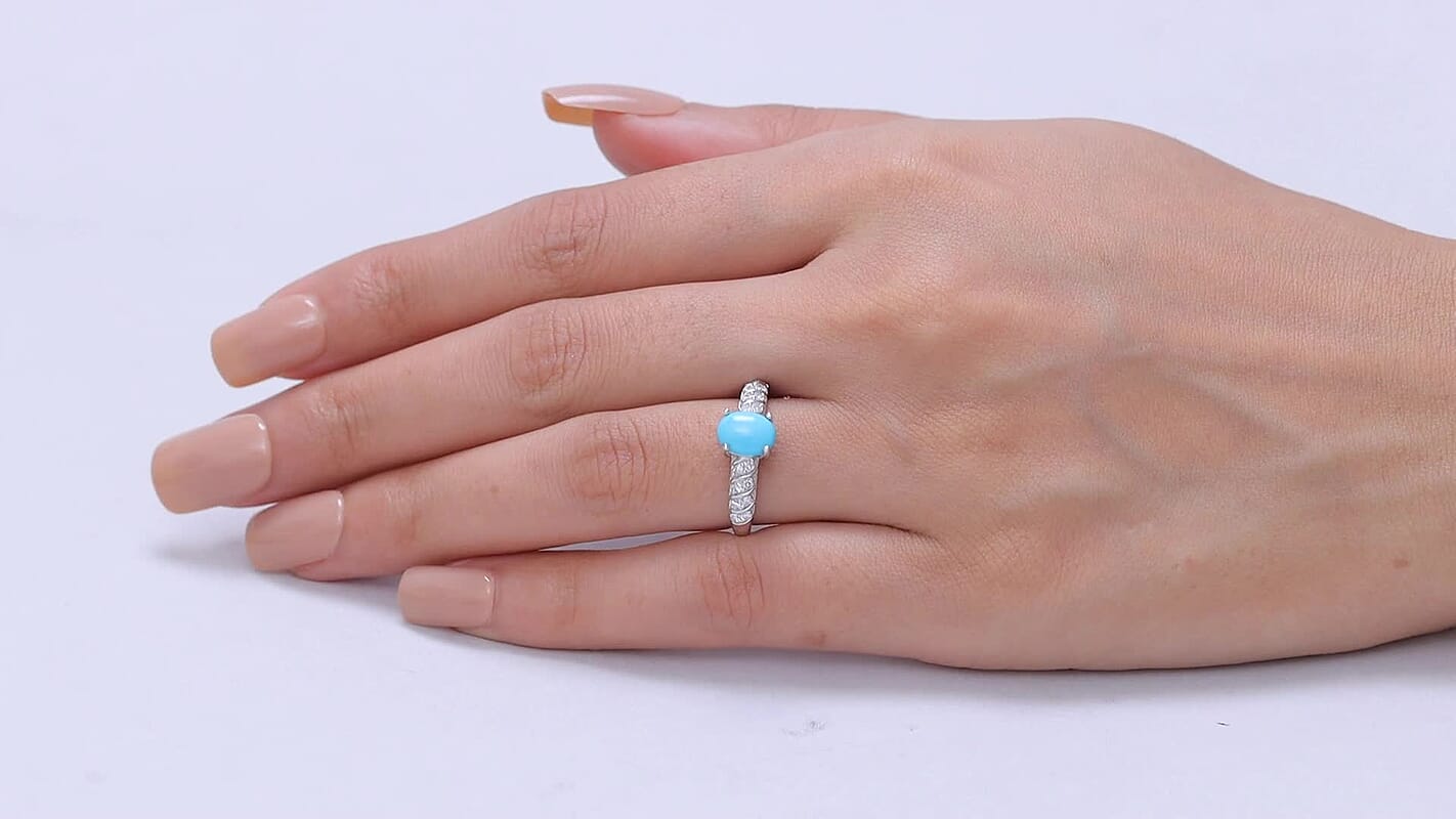 Premium Sleeping Beauty Turquoise, Luxuriant Lab Grown Diamond (G-H, SI) (0.20 cts) Ring in Rhodium Over Sterling Silver (Size 10.0) 1.20 ctw