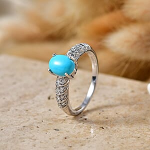 Premium Sleeping Beauty Turquoise and Luxuriant Lab Grown Diamond G-H SI 1.20 ctw Azure Whisper Ring in Rhodium Over Sterling Silver (Size 7.0)