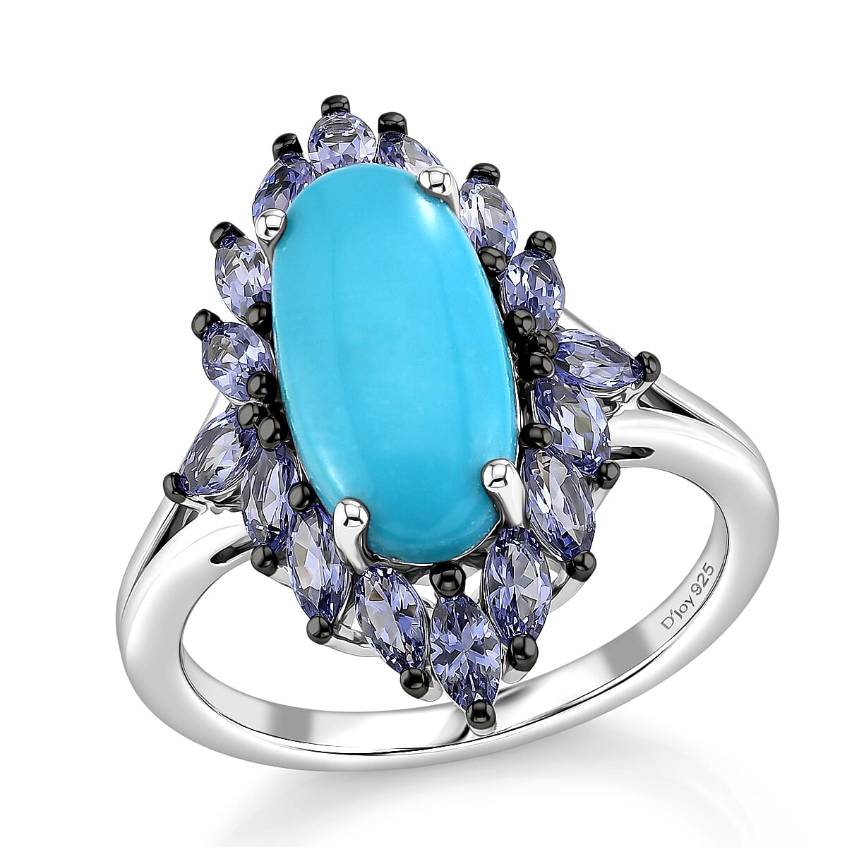 D'Joy Premium Sleeping Beauty Turquoise, Tanzanite Ring in Rhodium Over Sterling Silver (Size 6.0) 4.20 ctw
