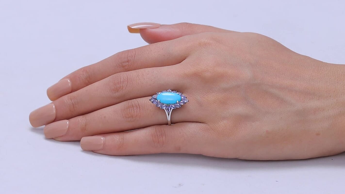 D'Joy Premium Sleeping Beauty Turquoise, Tanzanite Ring in Rhodium Over Sterling Silver (Size 6.0) 4.20 ctw
