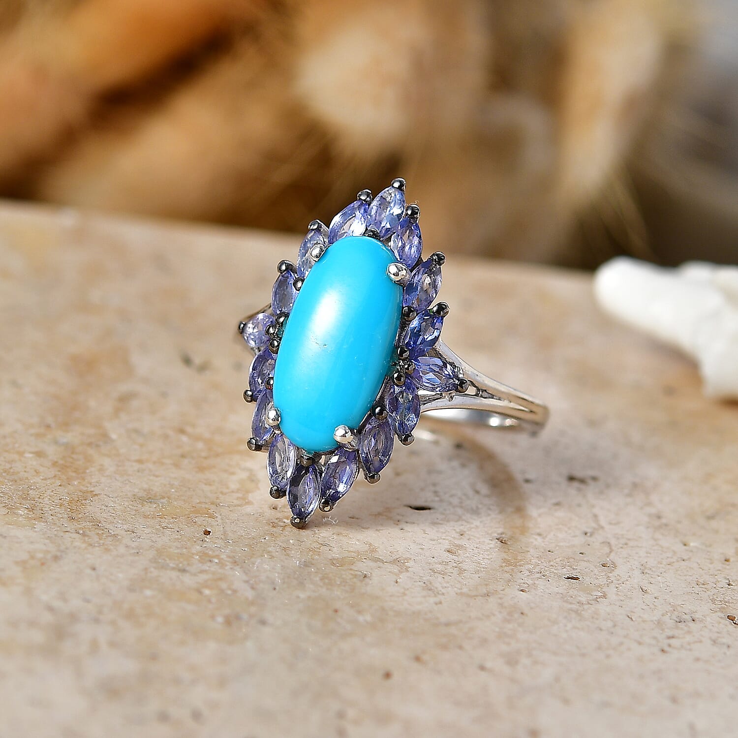 D'Joy Premium Sleeping Beauty Turquoise and Tanzanite 4.40 ctw Regal Bloom Ring in Rhodium Over Sterling Silver (Size 6.0)