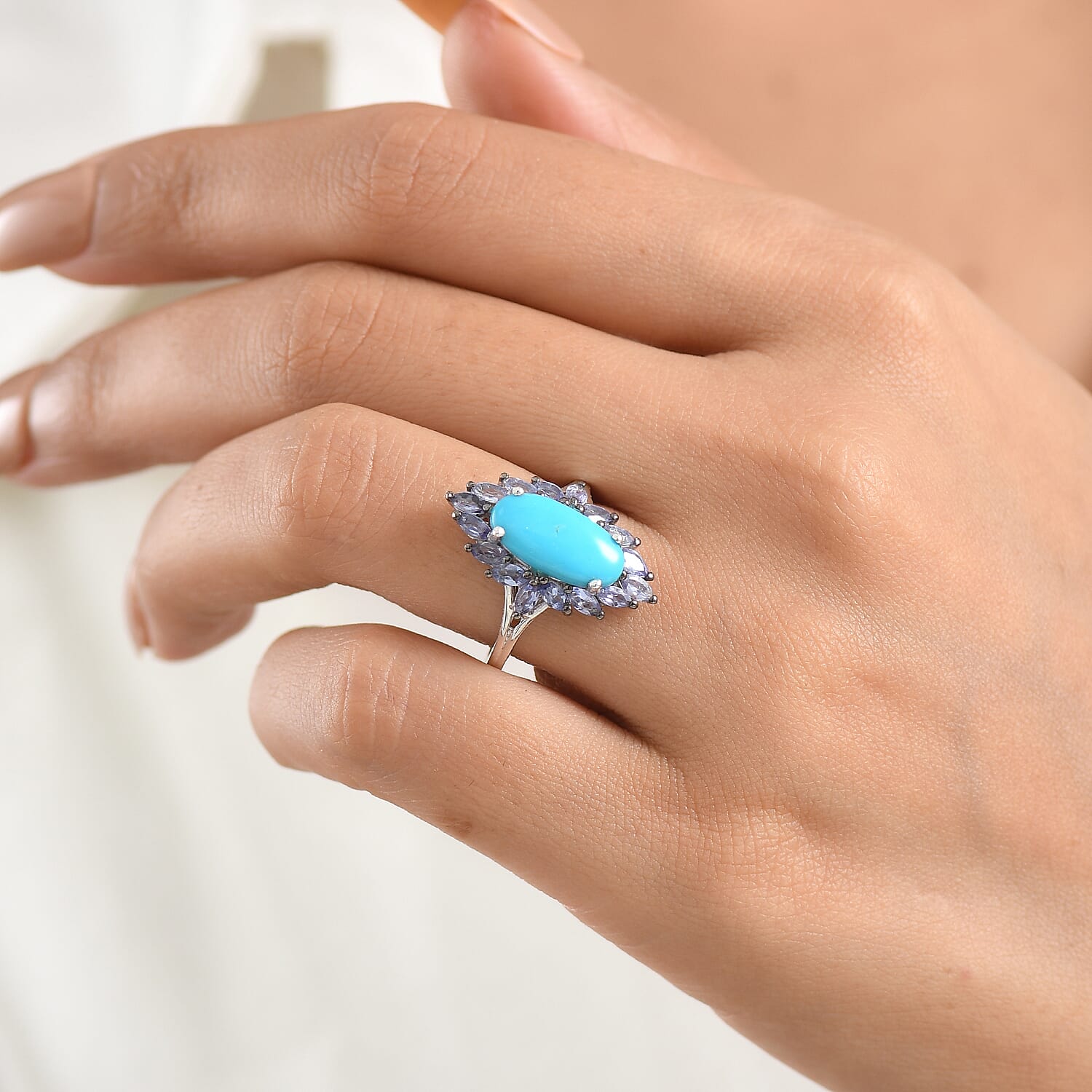 D'Joy Premium Sleeping Beauty Turquoise and Tanzanite 4.40 ctw Regal Bloom Ring in Rhodium Over Sterling Silver (Size 6.0)