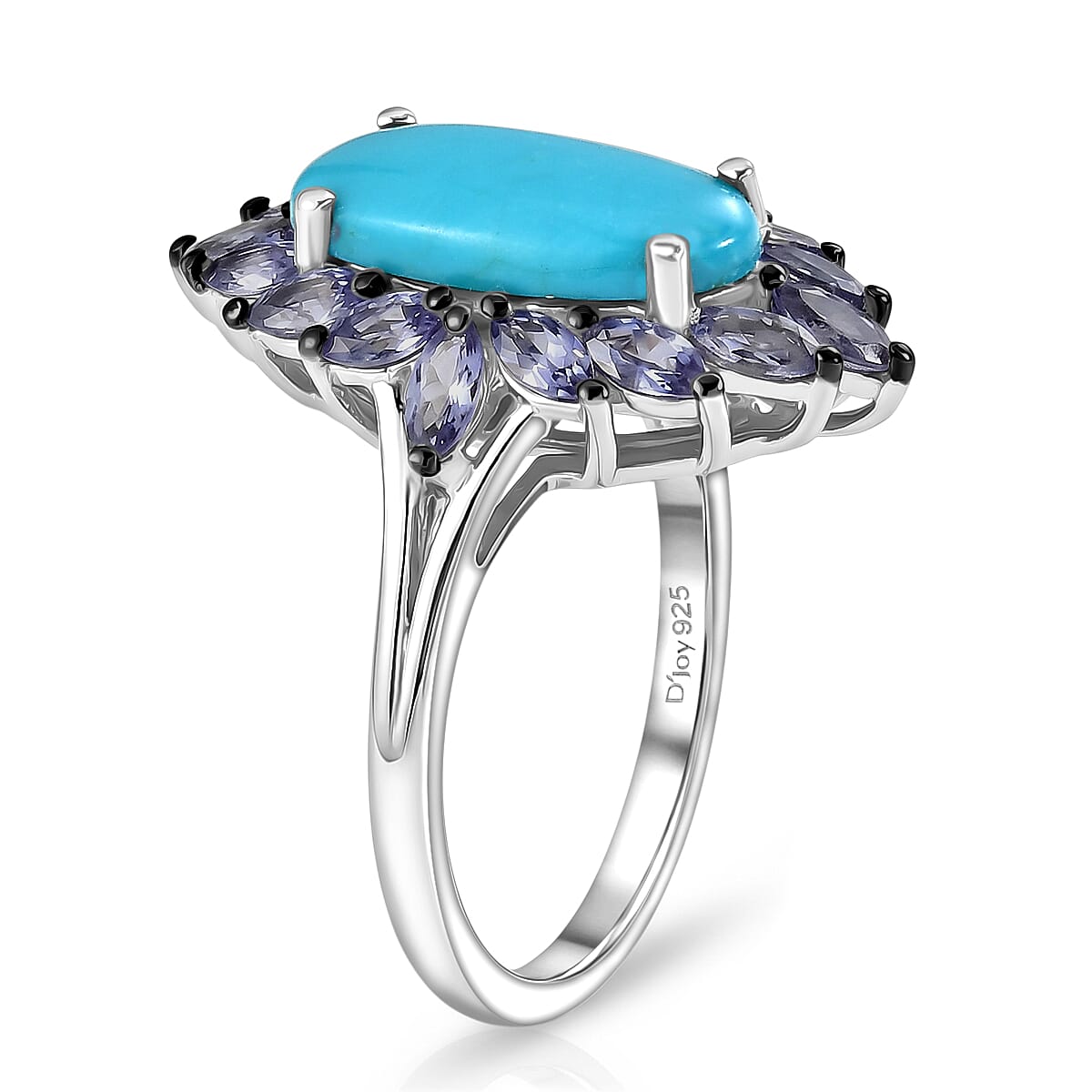D'Joy Premium Sleeping Beauty Turquoise and Tanzanite 4.40 ctw Regal Bloom Ring in Rhodium Over Sterling Silver (Size 6.0)