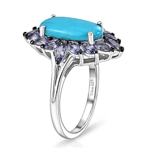 D'Joy Premium Sleeping Beauty Turquoise and Tanzanite 4.40 ctw Regal Bloom Ring in Rhodium Over Sterling Silver (Size 6.0)