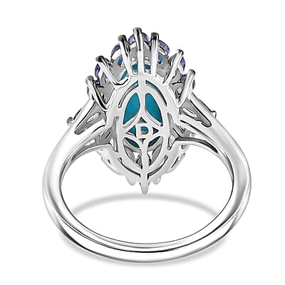 D'Joy Premium Sleeping Beauty Turquoise and Tanzanite 4.40 ctw Regal Bloom Ring in Rhodium Over Sterling Silver (Size 6.0)