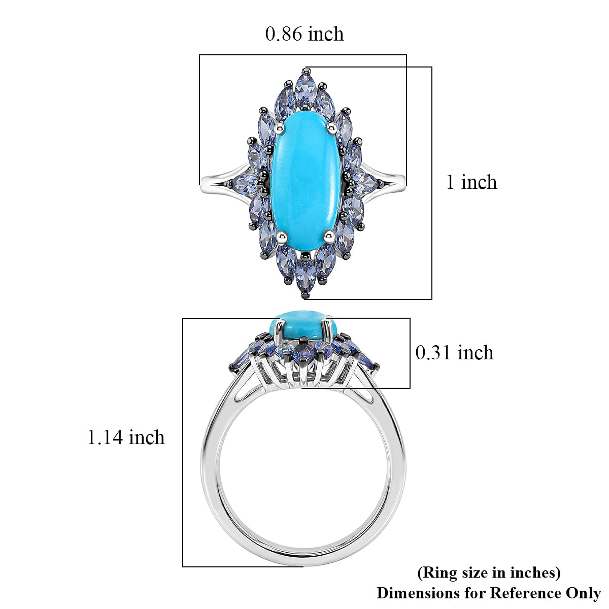 D'Joy Premium Sleeping Beauty Turquoise and Tanzanite 4.40 ctw Regal Bloom Ring in Rhodium Over Sterling Silver (Size 6.0)