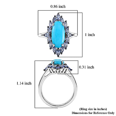 D'Joy Premium Sleeping Beauty Turquoise and Tanzanite 4.40 ctw Regal Bloom Ring in Rhodium Over Sterling Silver (Size 6.0)