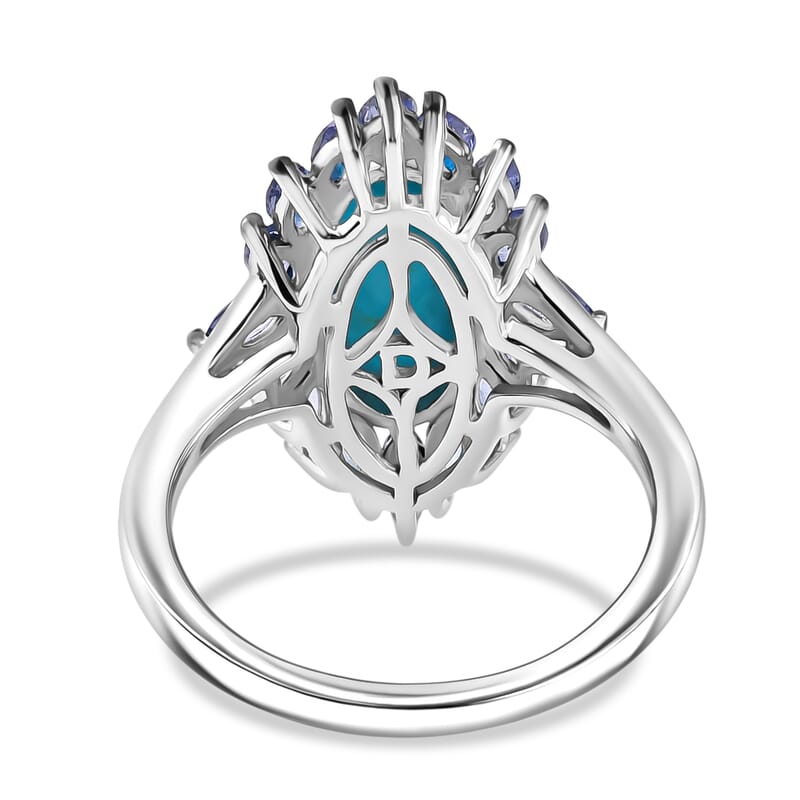 D'Joy Premium Sleeping Beauty Turquoise and Tanzanite 4.40 ctw Regal Bloom Ring in Rhodium Over Sterling Silver (Size 8.0)