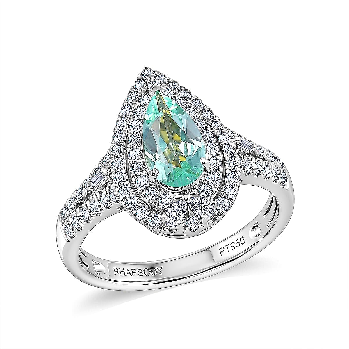 Certified & Appraised Rhapsody 950 Platinum AAAA Paraiba Tourmaline, Diamond (E-F, VS) (0.70 cts) Ring (Size 10.0) (7.10 g) (Ships in 5-7 Days) 1.50 ctw