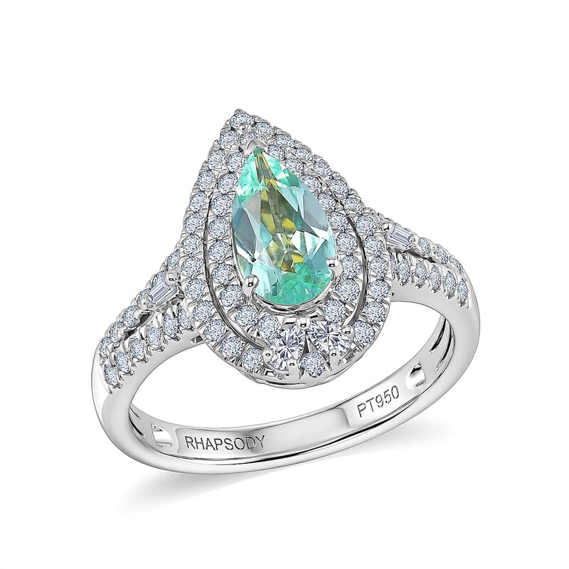 Certified and Appraised Rhapsody AAAA Paraiba Tourmaline and Diamond E-F VS 1.50 ctw Ring in 950 Platinum (Size 6.0) 7.10 Grams