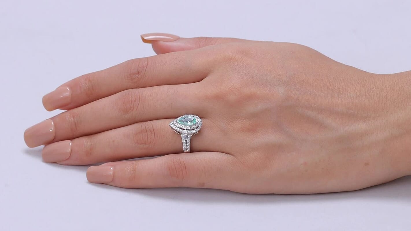 Certified & Appraised Rhapsody 950 Platinum AAAA Paraiba Tourmaline, Diamond (E-F, VS) (0.70 cts) Ring (Size 10.0) (7.10 g) (Ships in 5-7 Days) 1.50 ctw