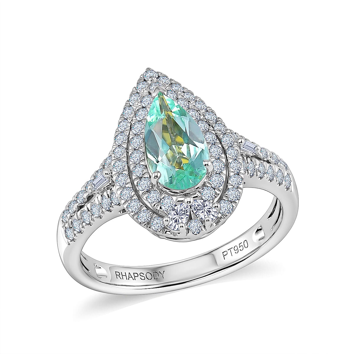 Certified & Appraised Rhapsody 950 Platinum AAAA Paraiba Tourmaline, Diamond (E-F, VS) (0.70 cts) Ring (Size 10.0) (7.10 g) (Ships in 5-7 Days) 1.50 ctw