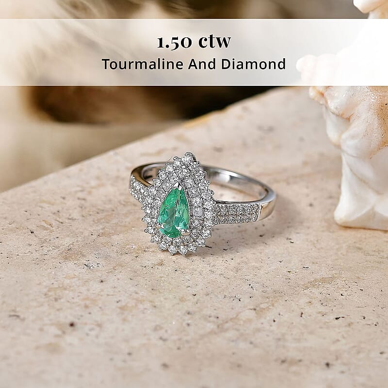 Certified and Appraised Rhapsody AAAA Paraiba Tourmaline and Diamond E-F VS 1.50 ctw Ring in 950 Platinum (Size 7.0) 6.30 Grams
