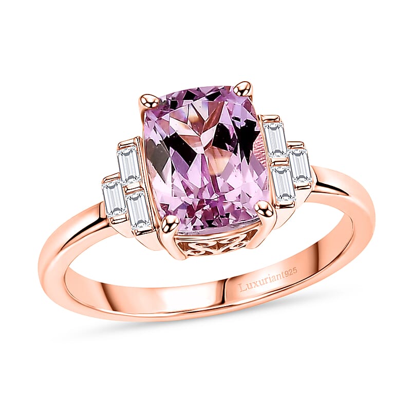 Premium Martha Rocha Kunzite and Luxuriant Lab Grown Diamond G-H SI 2.00 ctw Blush Step Accent Ring in 18K Vermeil Rose Gold Over Sterling Silver (Size  6.0)