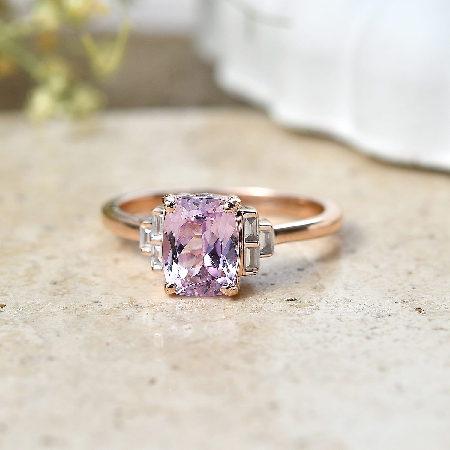 Premium Martha Rocha Kunzite and Luxuriant Lab Grown Diamond G-H SI 2.00 ctw Blush Step Accent Ring in 18K Vermeil Rose Gold Over Sterling Silver (Size  6.0)