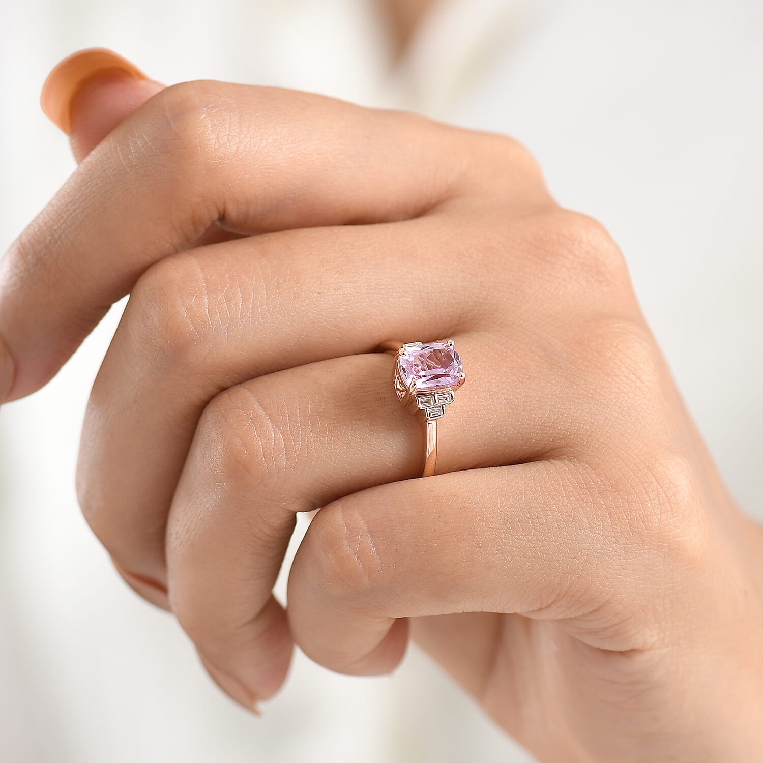 Premium Martha Rocha Kunzite and Luxuriant Lab Grown Diamond G-H SI 2.00 ctw Blush Step Accent Ring in 18K Vermeil Rose Gold Over Sterling Silver (Size  6.0)
