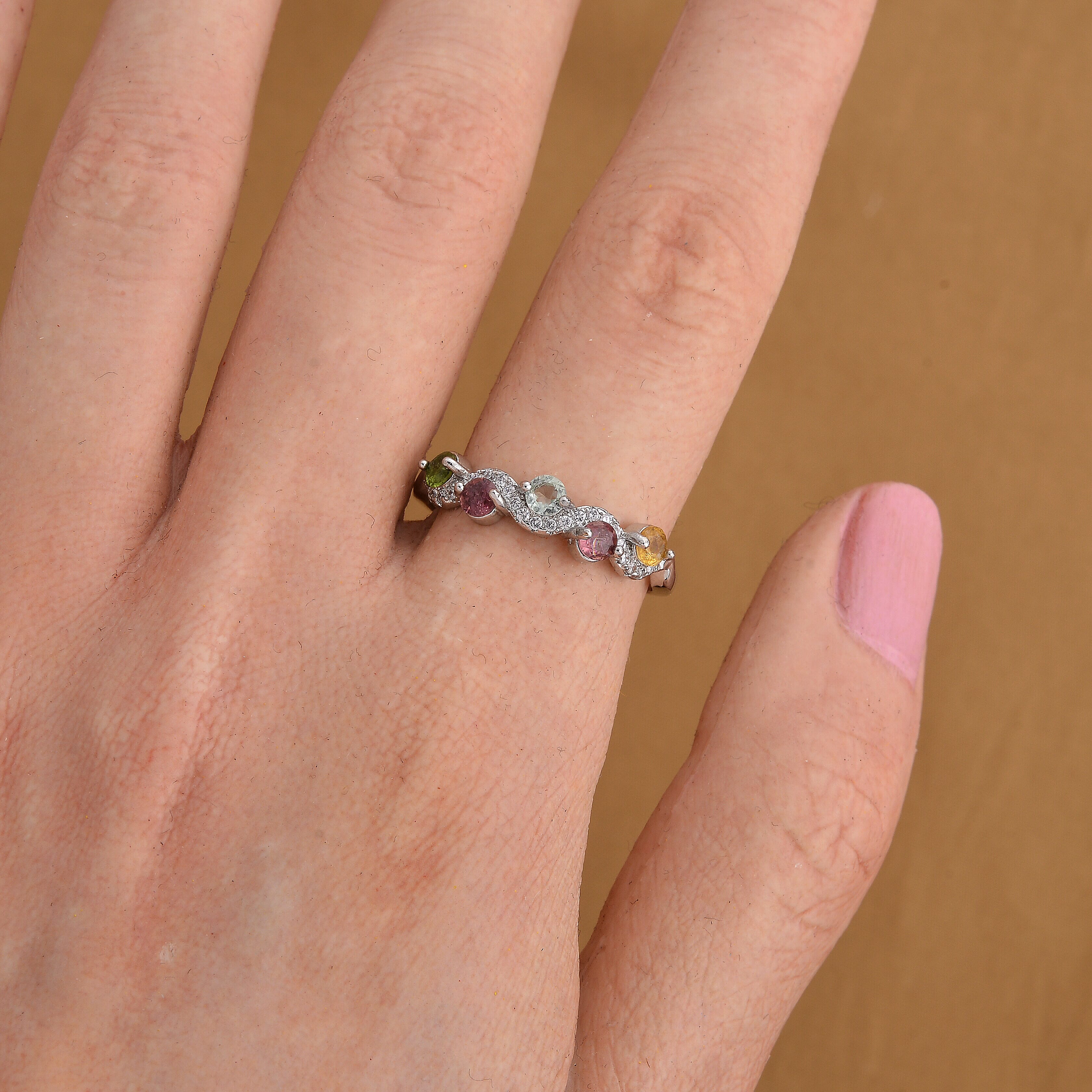 Multi-Tourmaline and Simulated Diamond 2.50 ctw Ring in Silvertone (Adjustable)