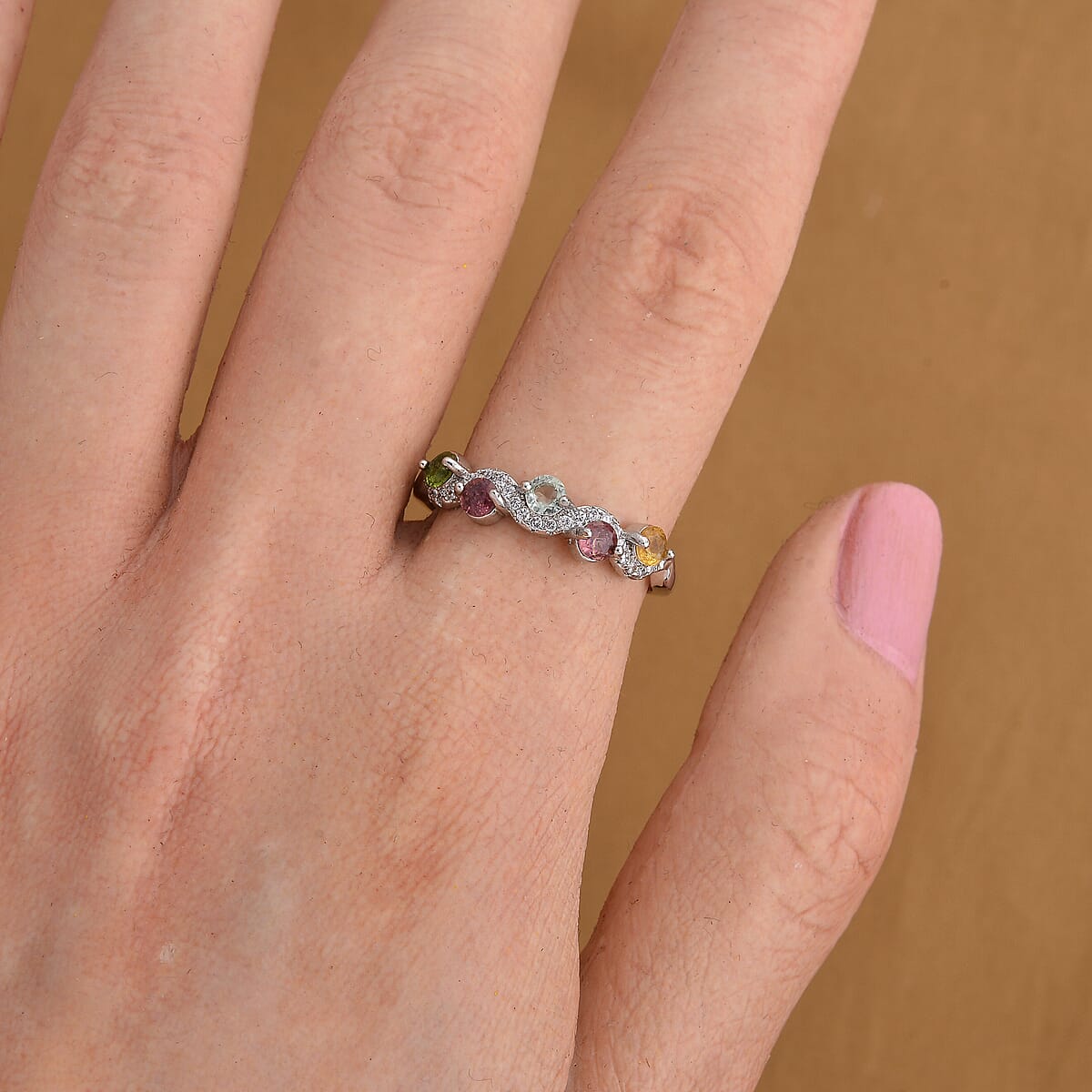 Multi-Tourmaline and Simulated Diamond 2.50 ctw Ring in Silvertone (Adjustable) image number 1