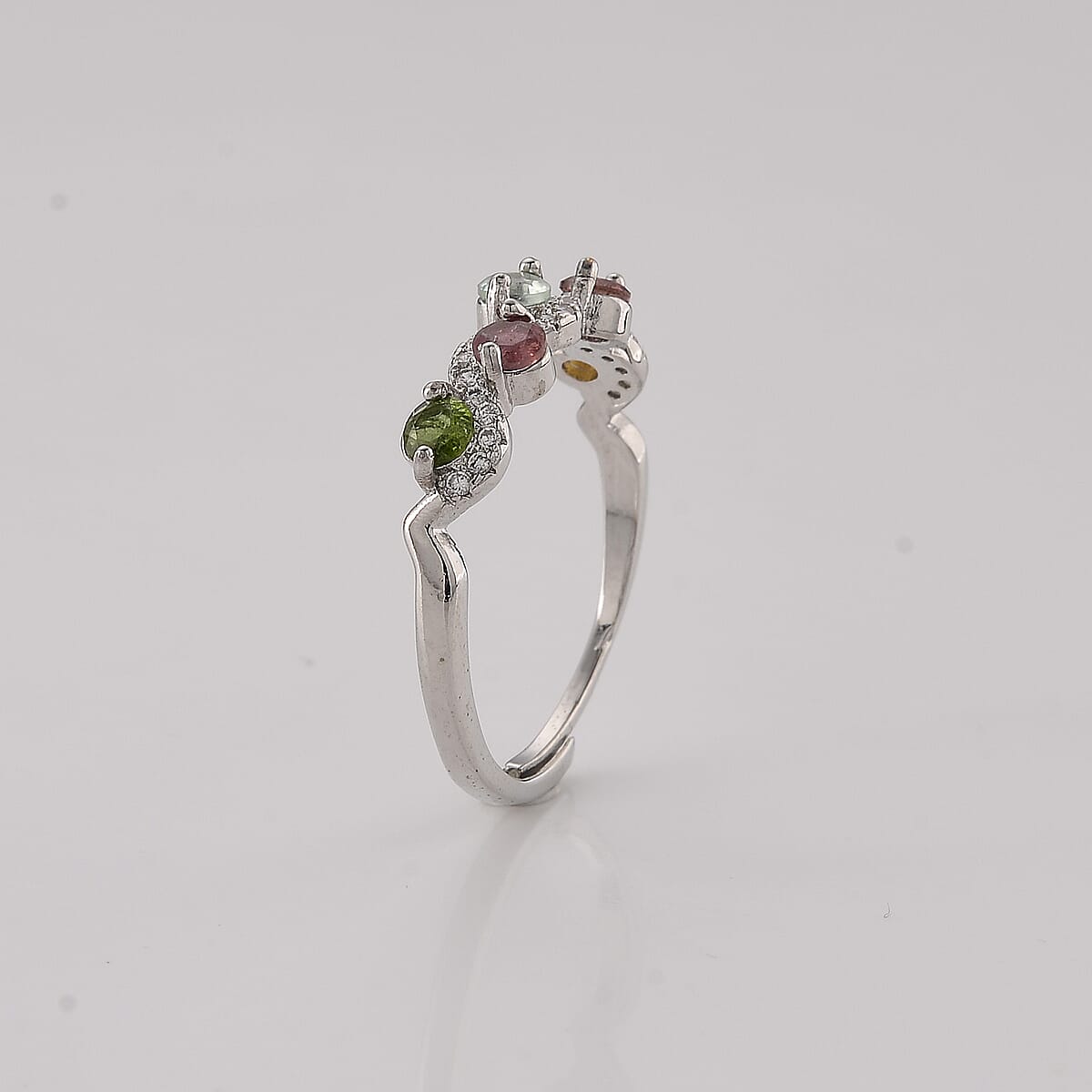 Multi-Tourmaline and Simulated Diamond 2.50 ctw Ring in Silvertone (Adjustable) image number 3