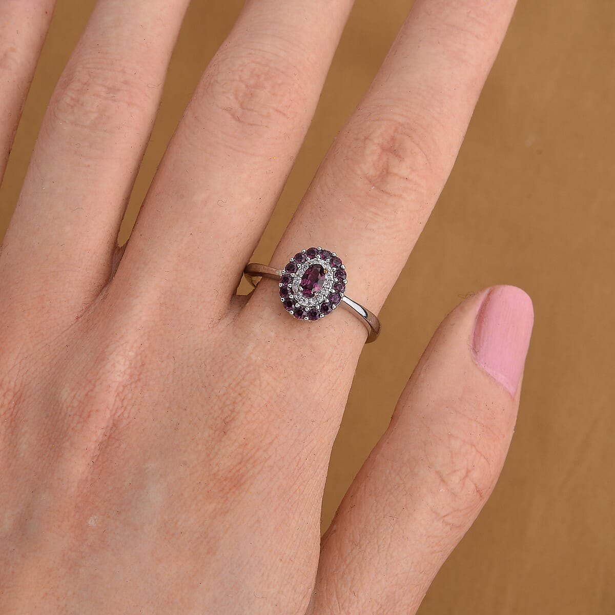 Orissa Rhodolite Garnet and Simulated Diamond 4.50 ctw Ring in Silvertone (Adjustable) image number 1