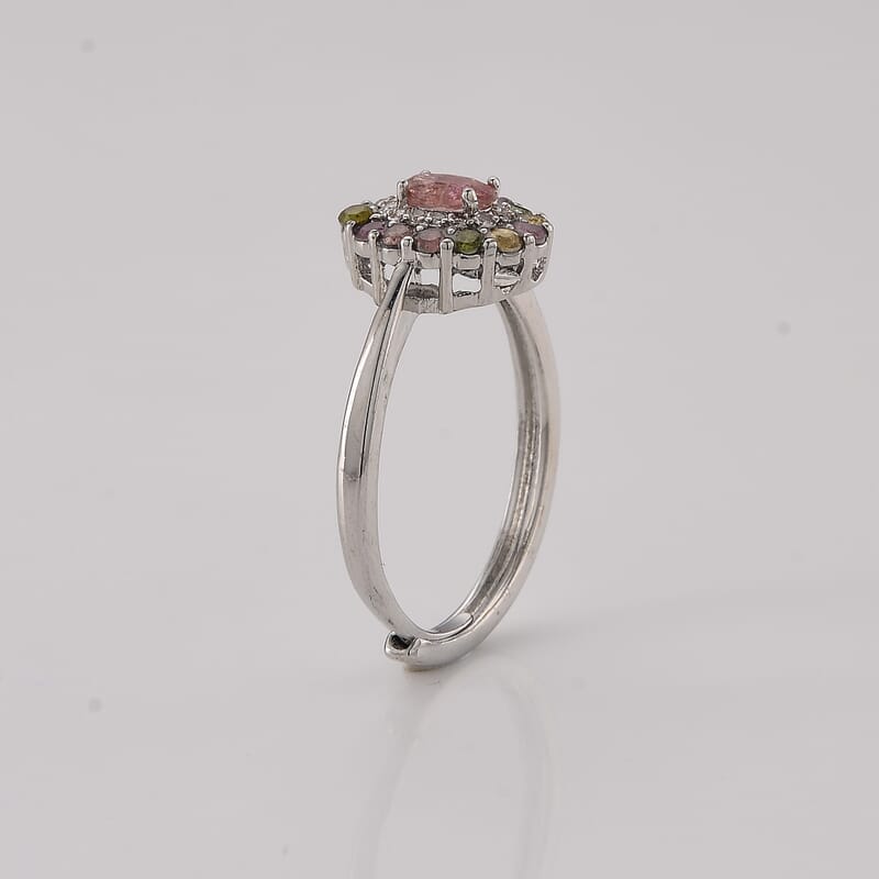 Multi-Tourmaline and Simulated Diamond 4.50 ctw Ring in Silvertone (Adjustable)