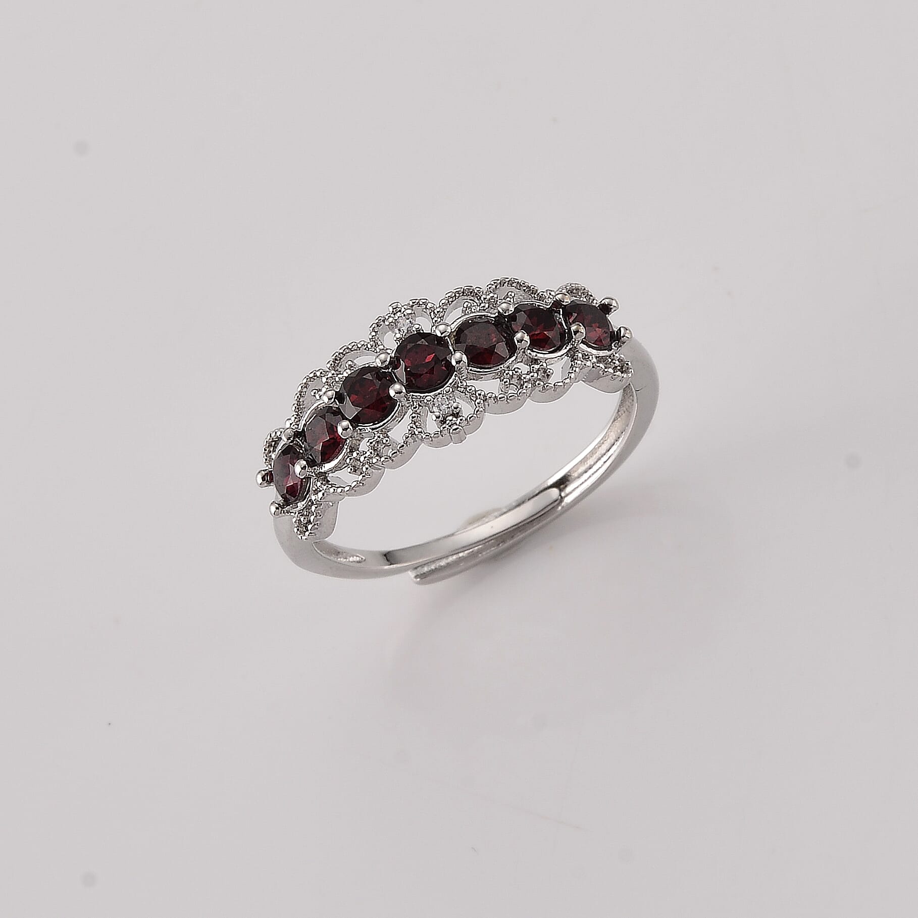Mozambique Garnet and Simulated Diamond 2.00 ctw Victorian Lace Ring in Silvertone (Adjustable)