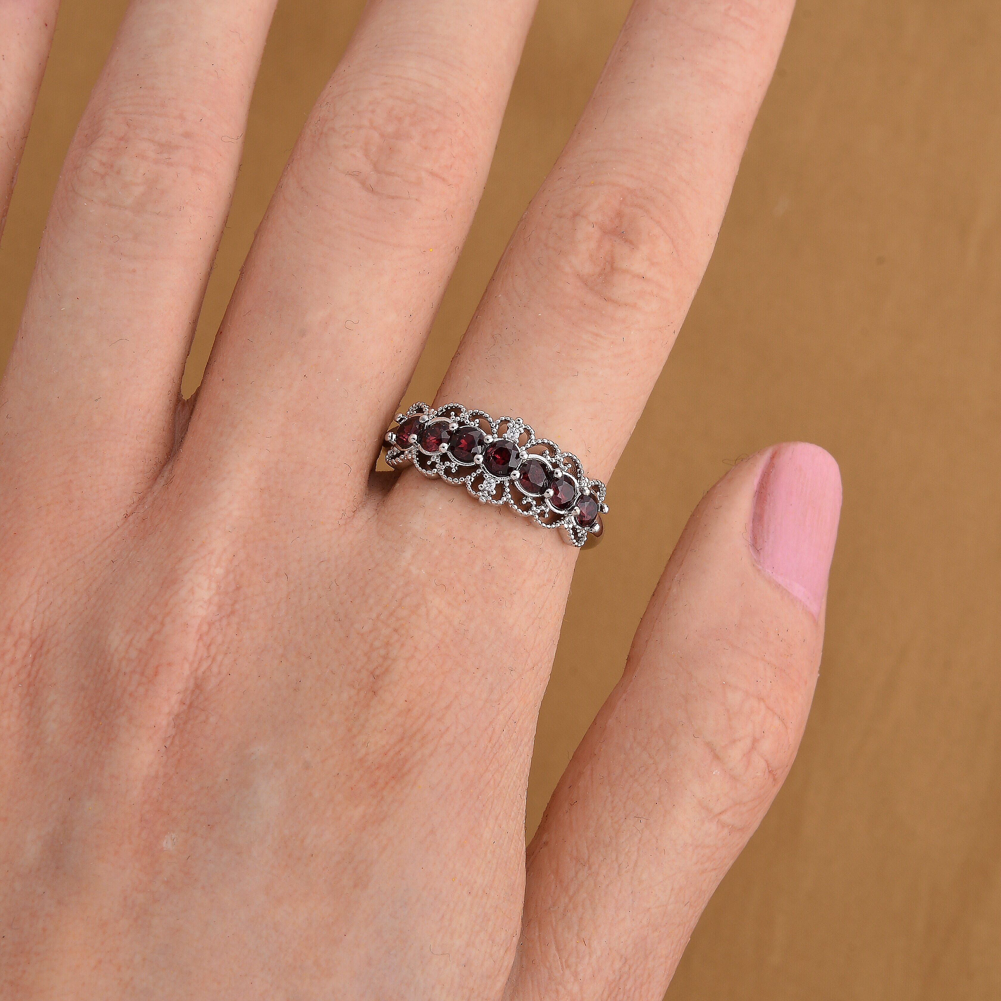 Mozambique Garnet and Simulated Diamond 2.00 ctw Victorian Lace Ring in Silvertone (Adjustable)