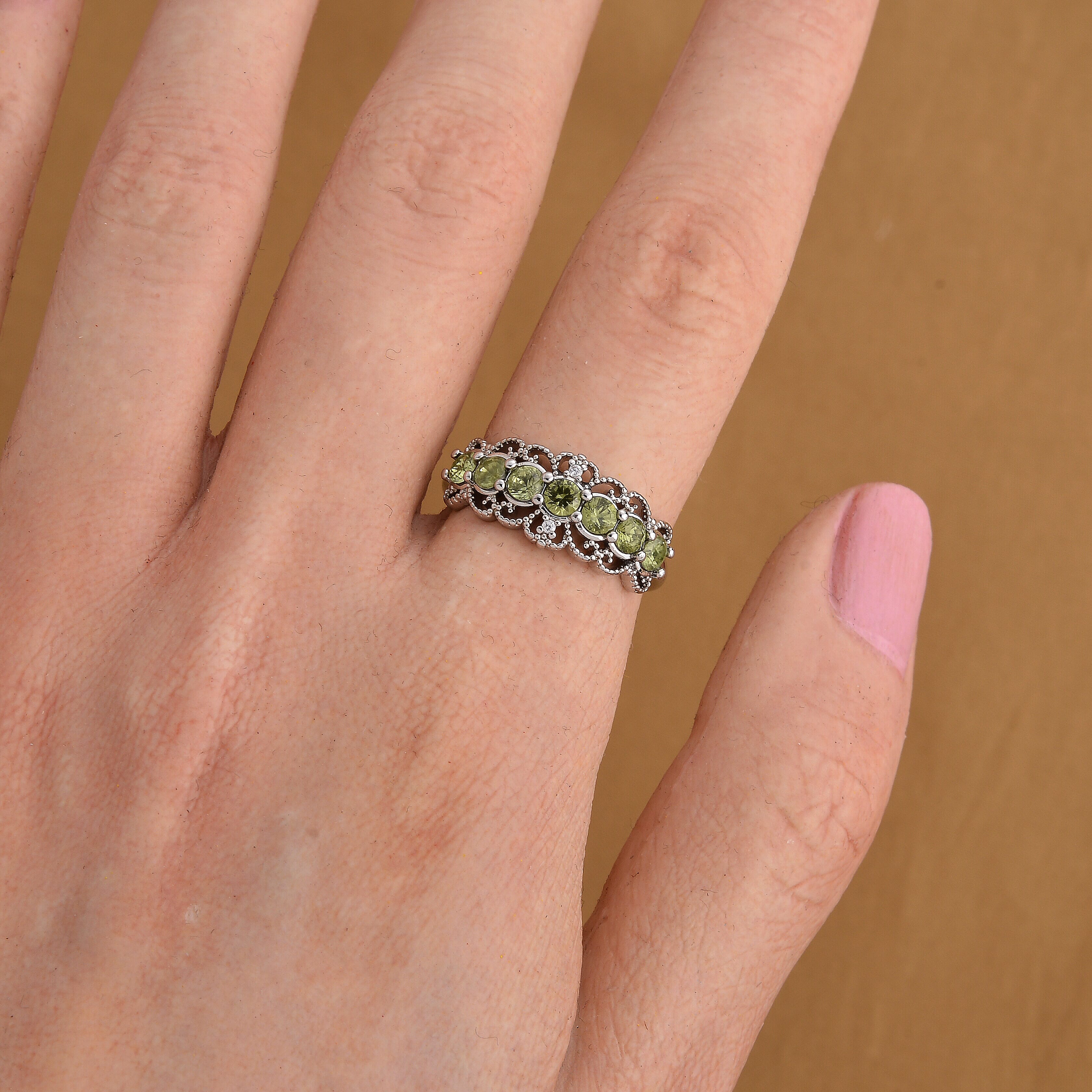 Peridot and Simulated Diamond 2.00 ctw Ring in Silvertone (Adjustable)