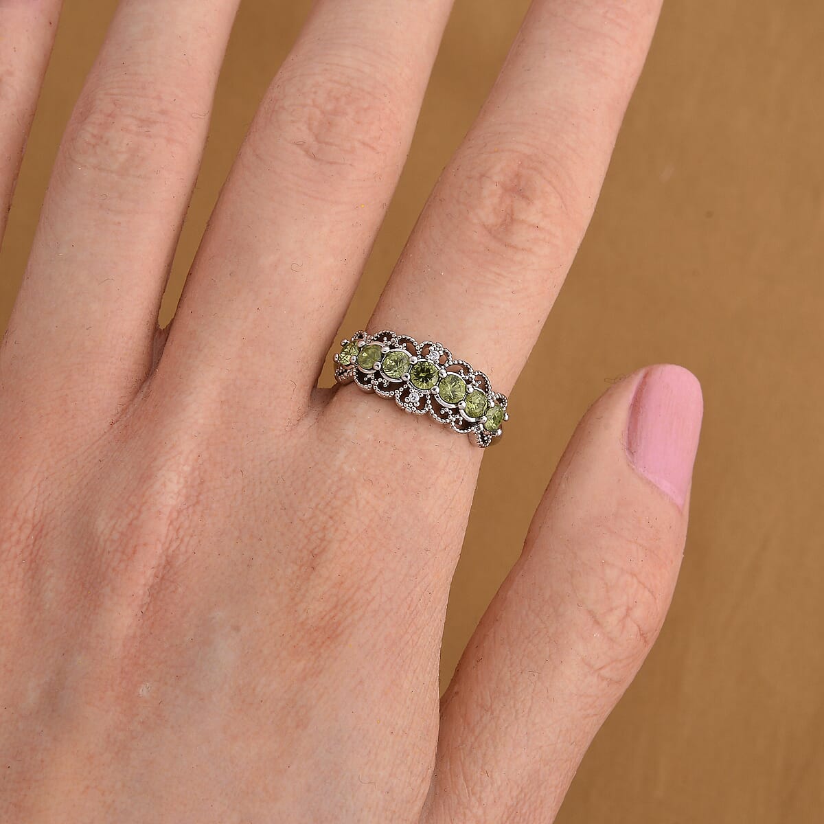 Peridot and Simulated Diamond 2.00 ctw Ring in Silvertone (Adjustable) image number 1
