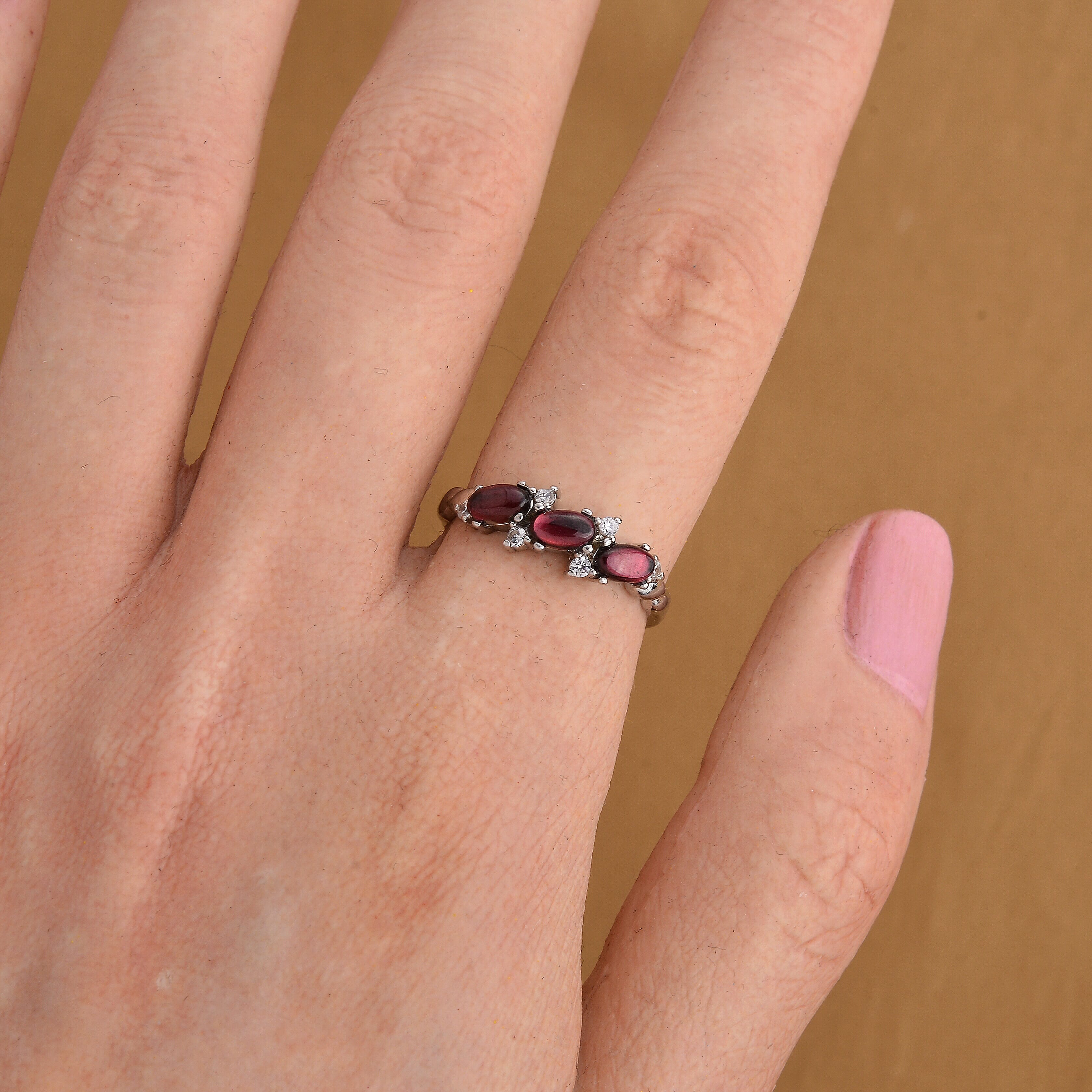 Mozambique Garnet and Simulated Diamond 2.00 ctw Trinity Ring in Silvertone (Adjustable)