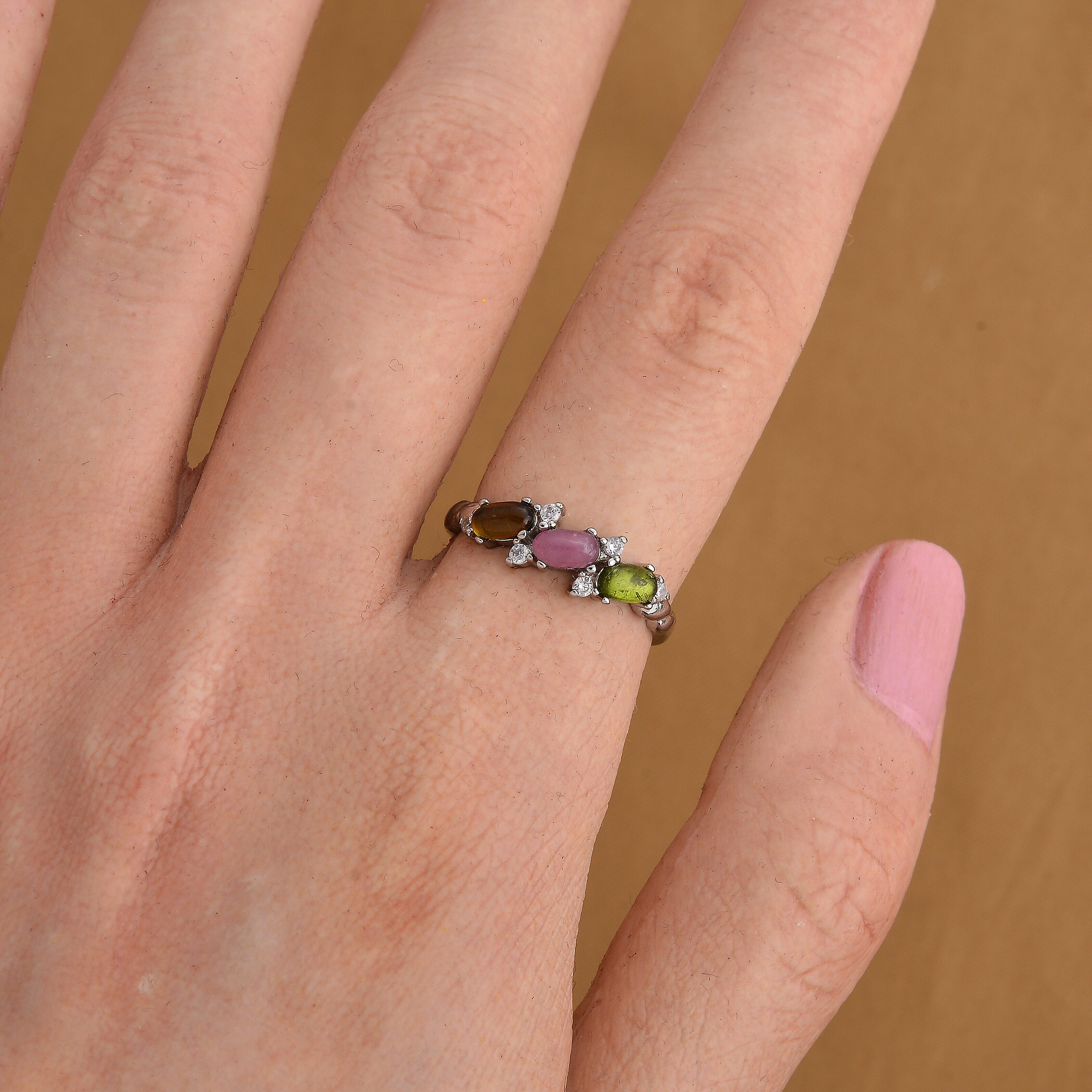 Multi-Tourmaline and Simulated Diamond 2.00 ctw Ring in Silvertone (Adjustable)