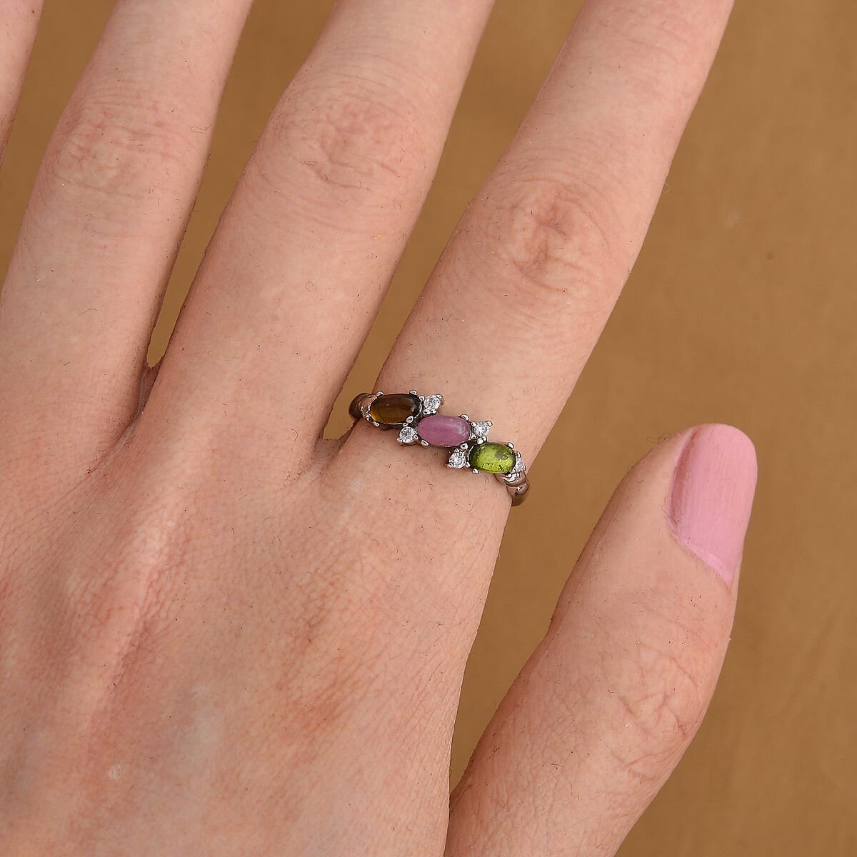 Multi-Tourmaline and Simulated Diamond 2.00 ctw Ring in Silvertone (Adjustable) image number 1