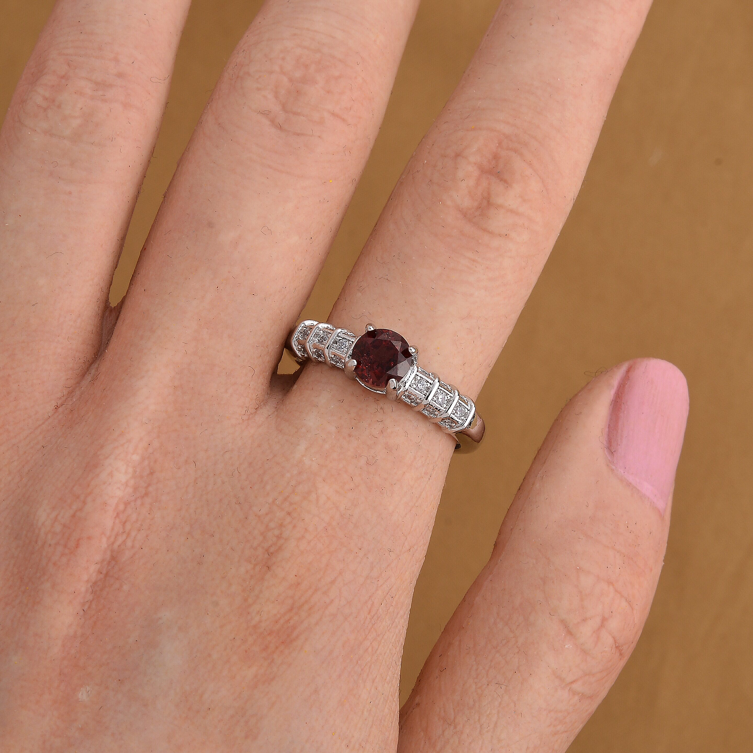 Garnet and Simulated Diamond 4.00 ctw Ring in Silvertone (Adjustable)