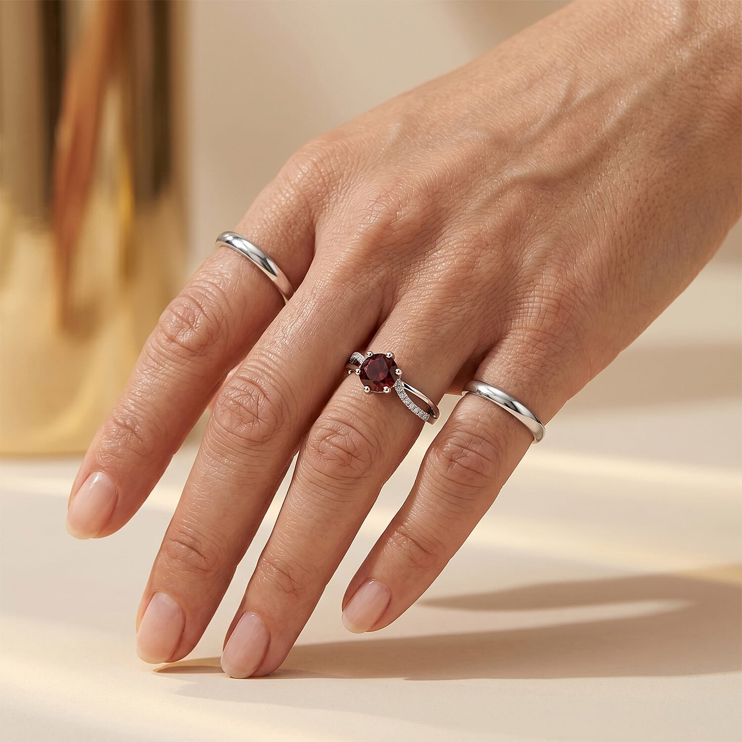 Garnet and Simulated Diamond 4.00 ctw Ring in Silvertone (Adjustable)