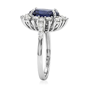 D'Joy Premium Kanchanaburi Blue Sapphire (DF) and Moissanite 8.25 ctw Sunburst Ring in Rhodium Over Sterling Silver (Size 6.0)