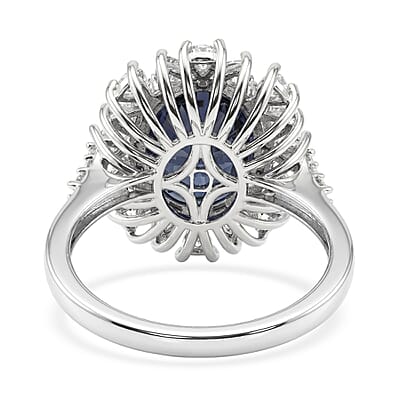 D'Joy Premium Kanchanaburi Blue Sapphire (DF) and Moissanite 8.25 ctw Sunburst Ring in Rhodium Over Sterling Silver (Size 6.0)