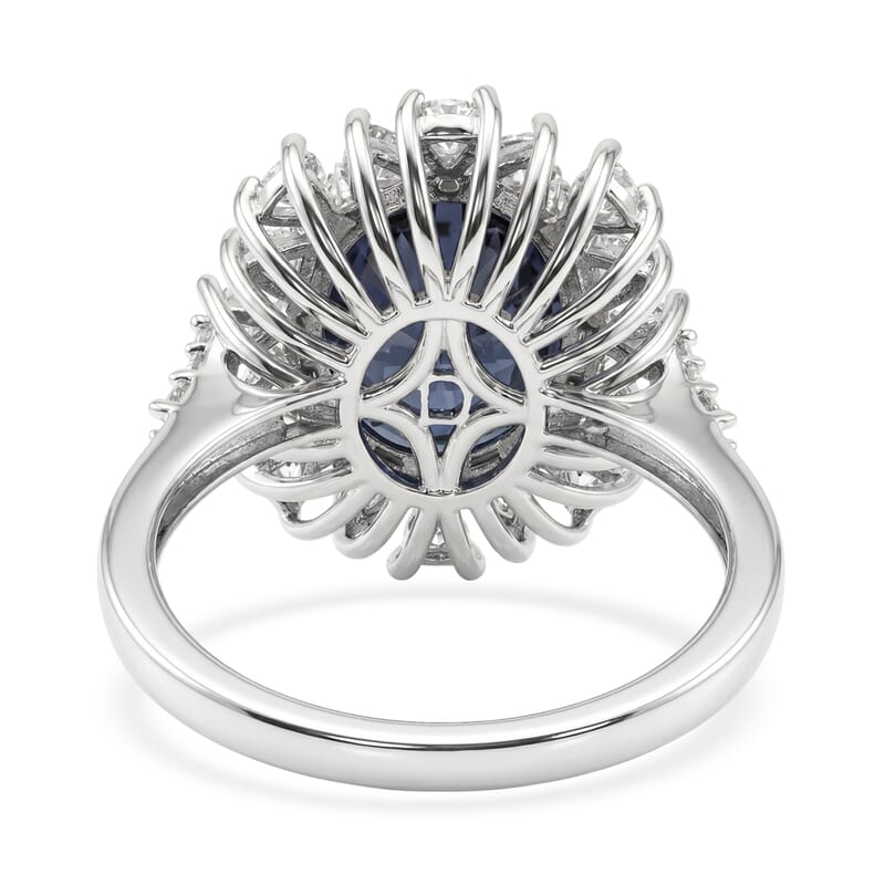 D'Joy Premium Kanchanaburi Blue Sapphire (DF) and Moissanite 8.25 ctw Ring in Rhodium Over Sterling Silver (Size 6.0)