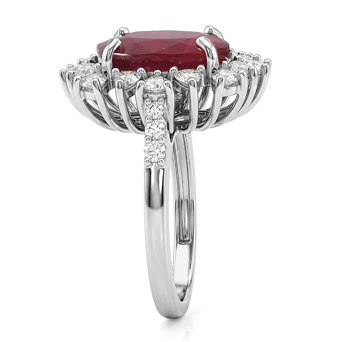 D'Joy Premium Niassa Ruby (FF) and Moissanite 8.25 ctw Sunburst Ring in Rhodium Over Sterling Silver (Size 10.0) image number 3