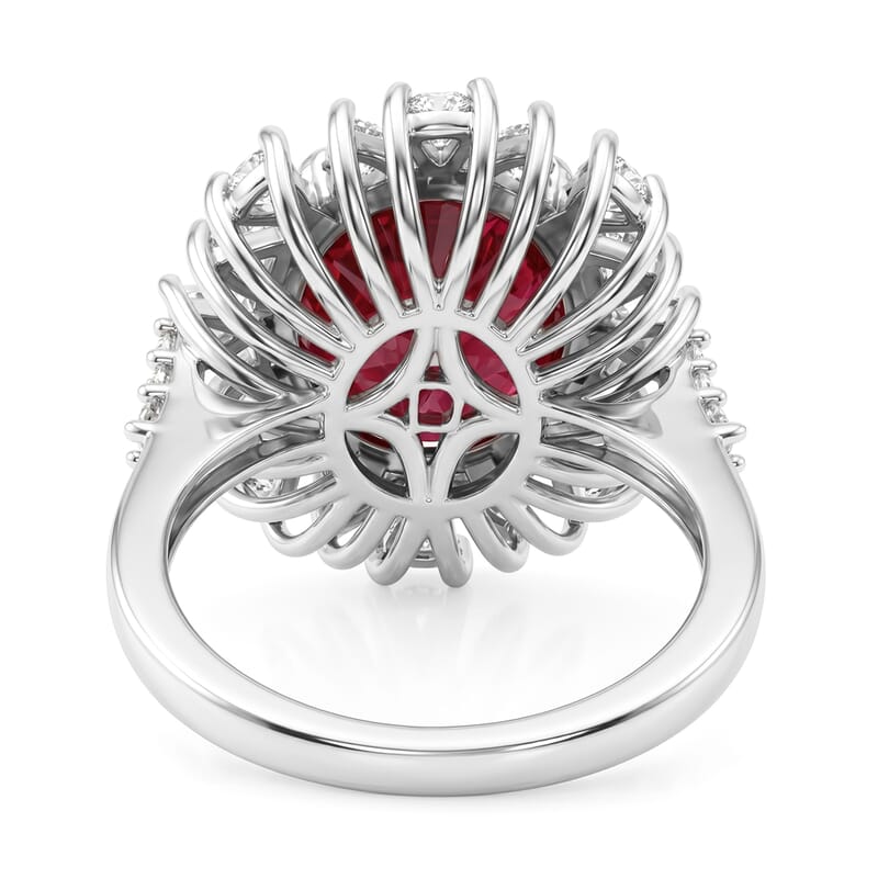 D'Joy Premium Niassa Ruby (FF) and Moissanite 8.25 ctw Sunburst Ring in Rhodium Over Sterling Silver (Size 6.0)