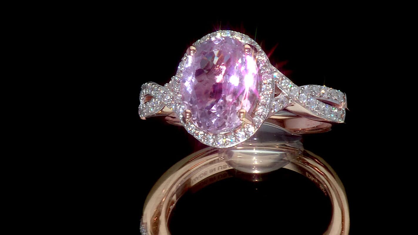 D'Joy AAA Kunzite, Moissanite Infinity Ring in 18K Vermeil RG Over Sterling Silver (Size 10.0) 3.90 ctw